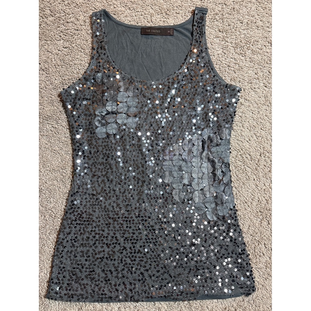 Y2K The Limited Womens XS Gray Sequin Floral Embellished Tank Top Scoop Neck